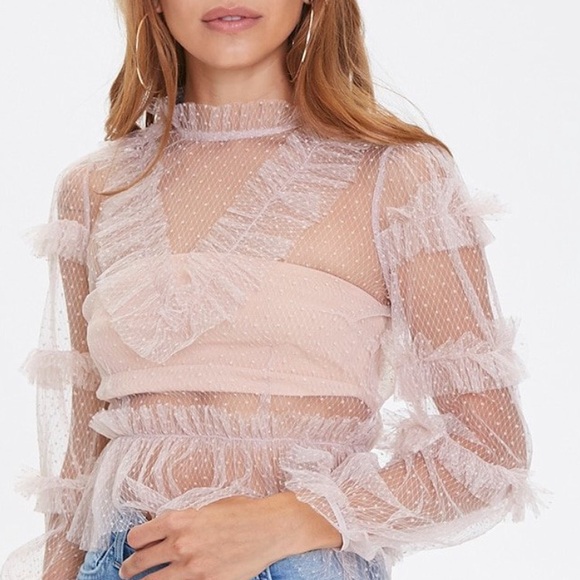Light Pink Sheer Mesh Ruffled Long Sleeve Top NWT - Picture 4 of 6